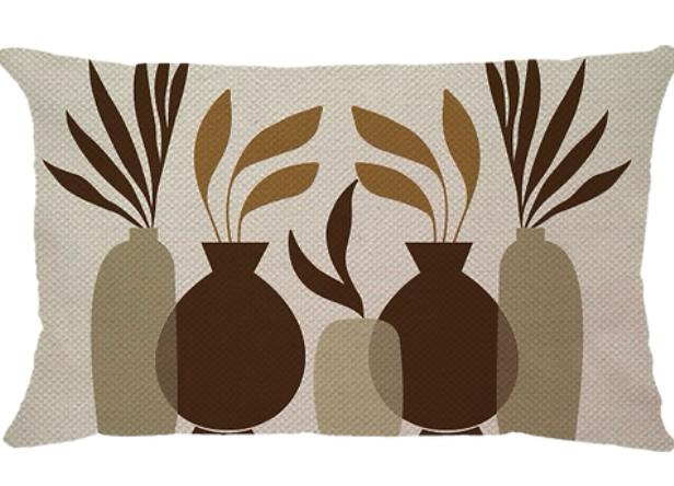 Capa de Almofada Linho Estampada Vasos Marrom/Bege - Retangular